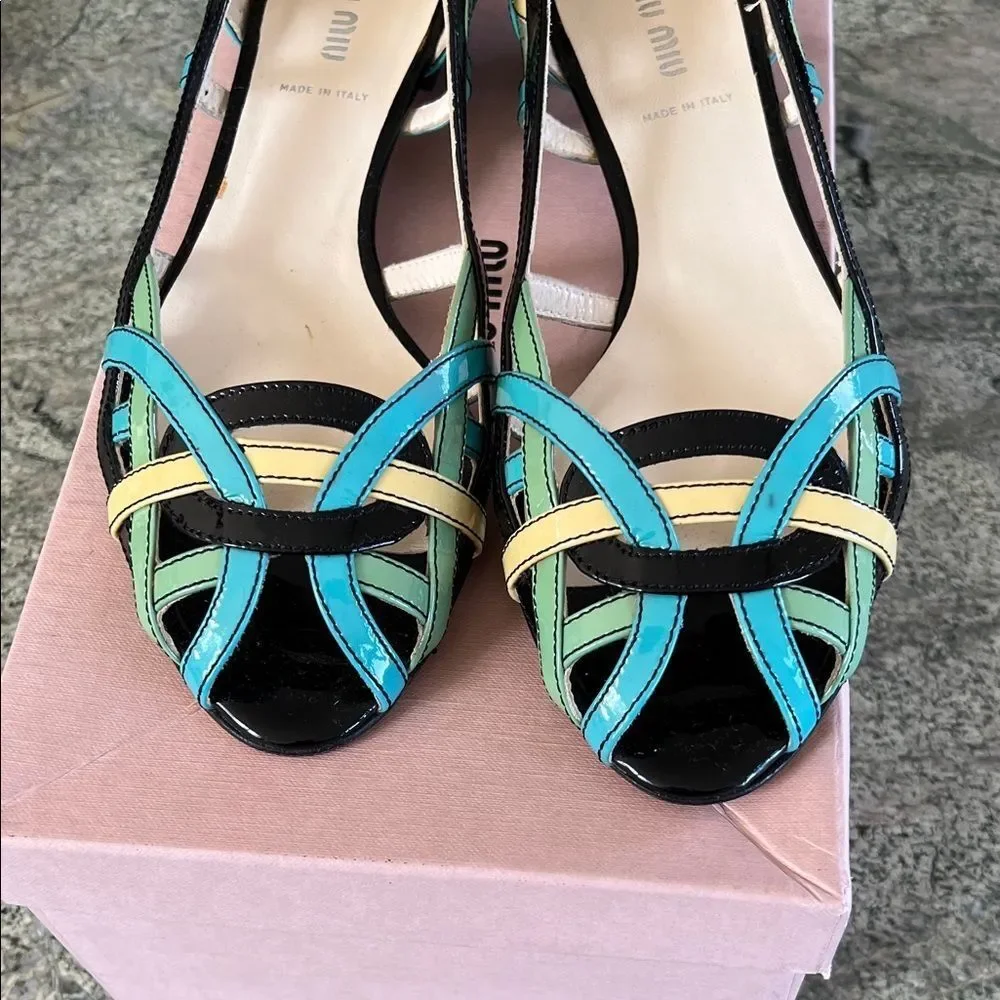 New vintage Miu Miu Black and Multicolor Strappy Heels - Picture 3 of 8
